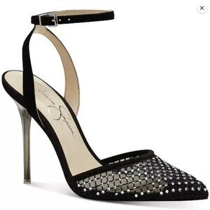 JESSICA SIMPSON Pirrie Lucite Vinyl 2-piece Pumps Black Rhinestones